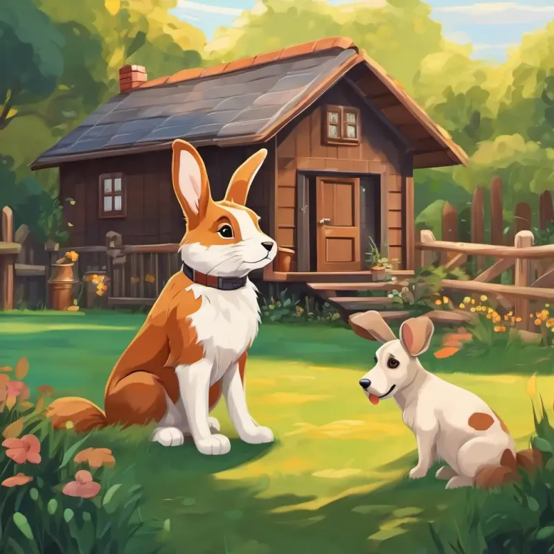 Brown fur, floppy ears, cute house rabbit the rabbit and Furry dog with wagging tail, loyal and friendly the dog in the backyard