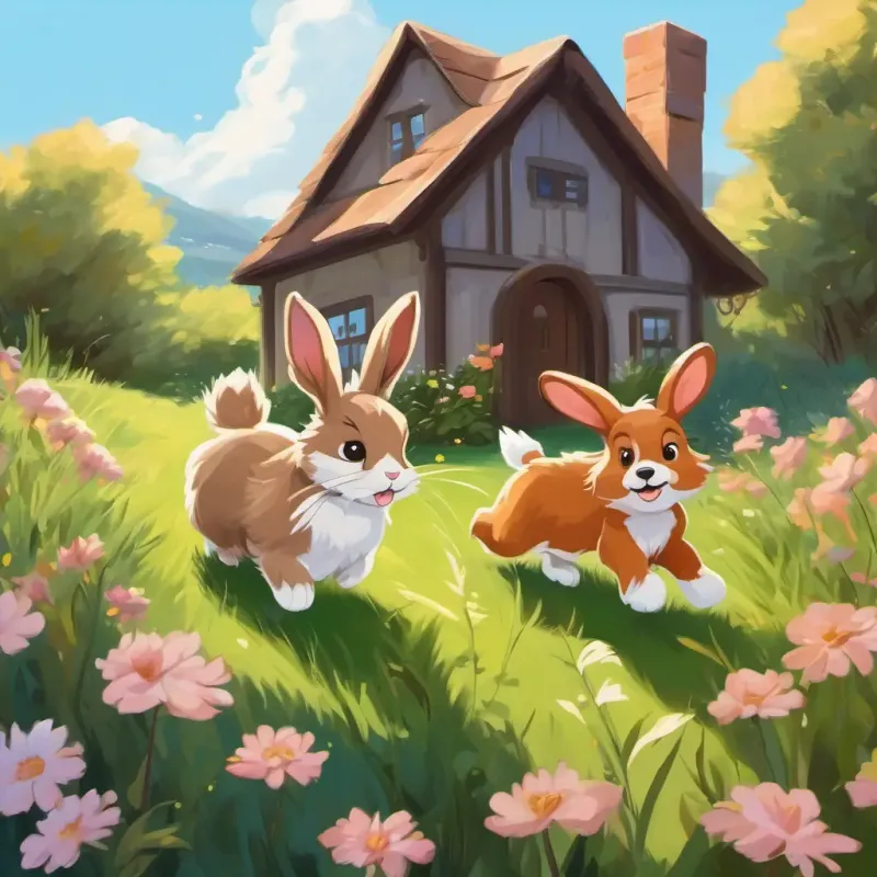 Brown fur, floppy ears, cute house rabbit and Furry dog with wagging tail, loyal and friendly running through the grass, smelling flowers
