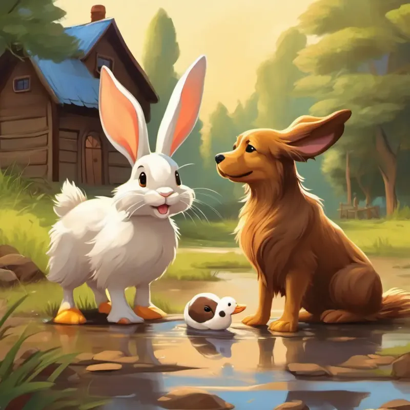 Brown fur, floppy ears, cute house rabbit and Furry dog with wagging tail, loyal and friendly rescuing a baby duckling from the mud