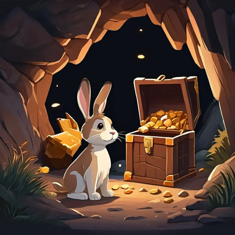 Brown fur, floppy ears, cute house rabbit and Furry dog with wagging tail, loyal and friendly entering a dark cave and discovering a treasure chest