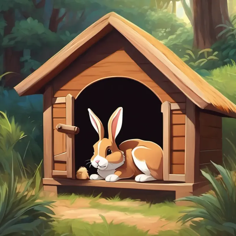Brown fur, floppy ears, cute house rabbit and Furry dog with wagging tail, loyal and friendly sleeping in their cozy hutch