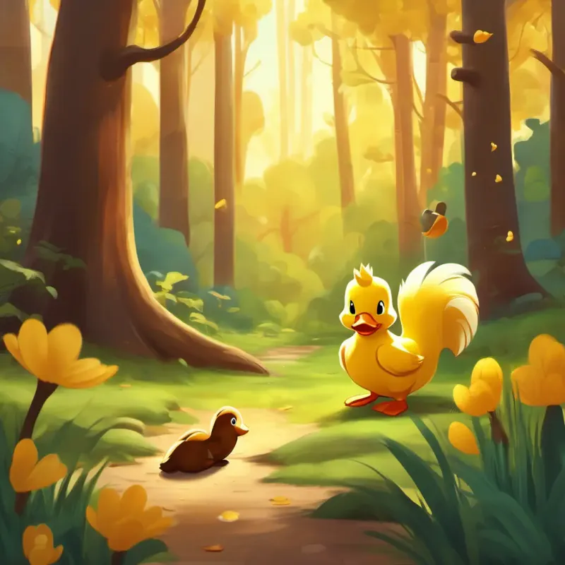 Introduction: Forest with A yellow duck who waddles and loves to play pranks the yellow duck and A brown squirrel with a bushy tail who is mischievous the brown squirrel, setting the tone for a playful story.