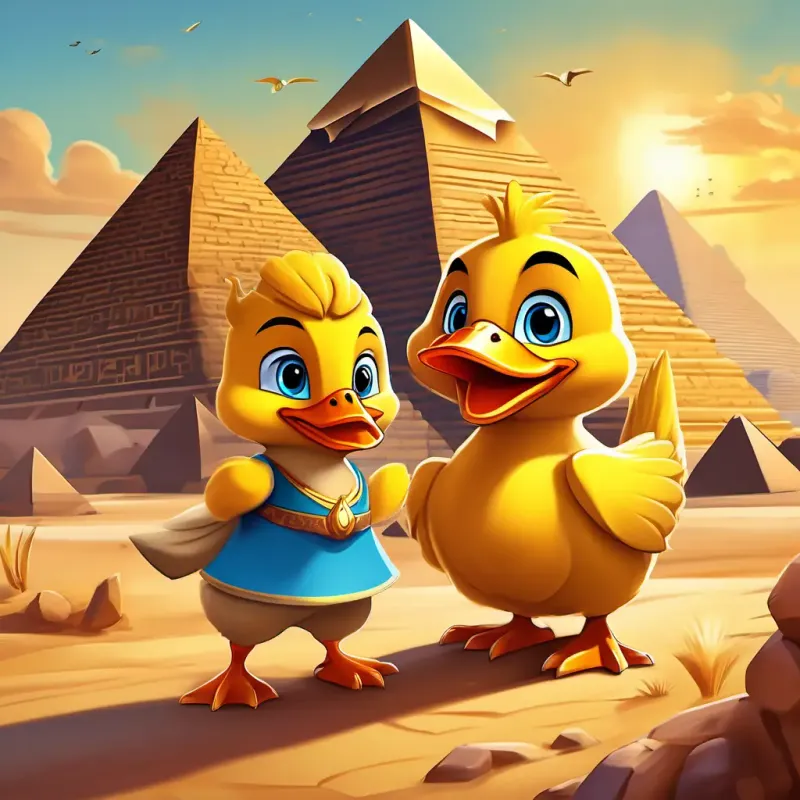 Egyptian adventure: A yellow duck who waddles and loves to play pranks and A brown squirrel with a bushy tail who is mischievous visit the Great Pyramids, meet Mummy Mo, and have fun.