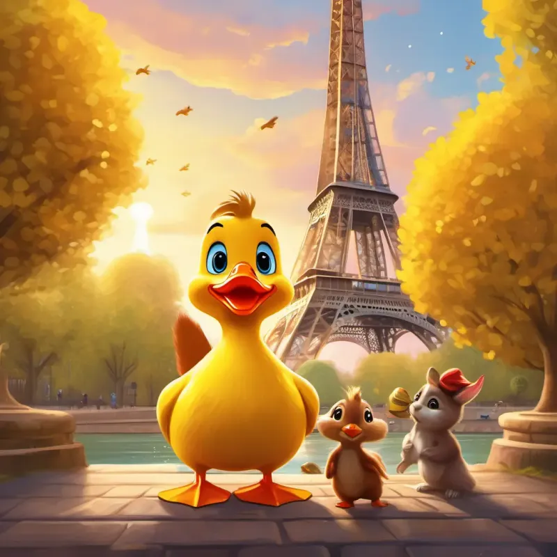 Visiting Paris: A yellow duck who waddles and loves to play pranks and A brown squirrel with a bushy tail who is mischievous's visit to the Eiffel Tower, spreading joy and friendship.