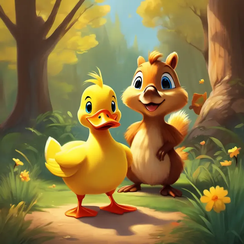 Conclusion: A yellow duck who waddles and loves to play pranks and A brown squirrel with a bushy tail who is mischievous's adventures bring happiness and friendship to everyone.