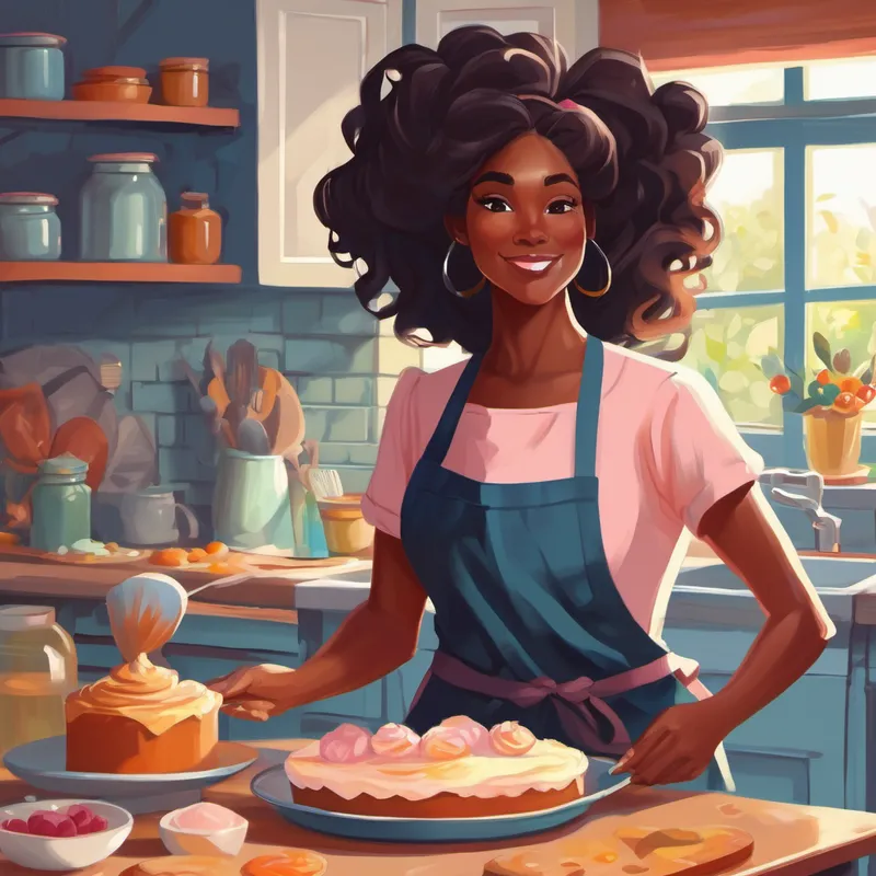 Beautiful black mom with long, flowing hair. and girl baking cakes in kitchen