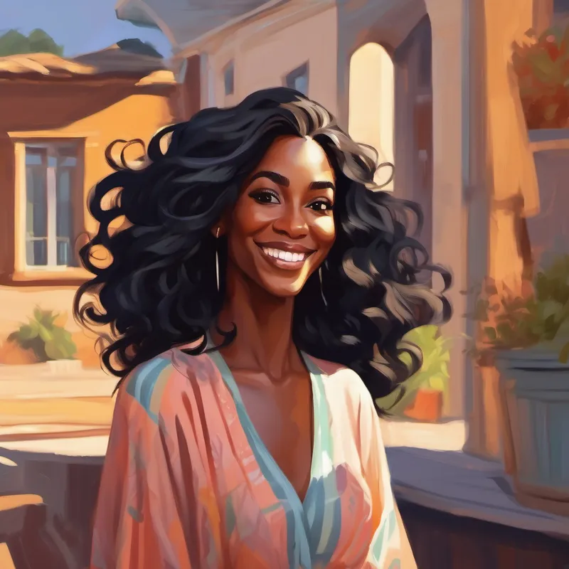 Beautiful black mom with long, flowing hair. with long black hair smiling