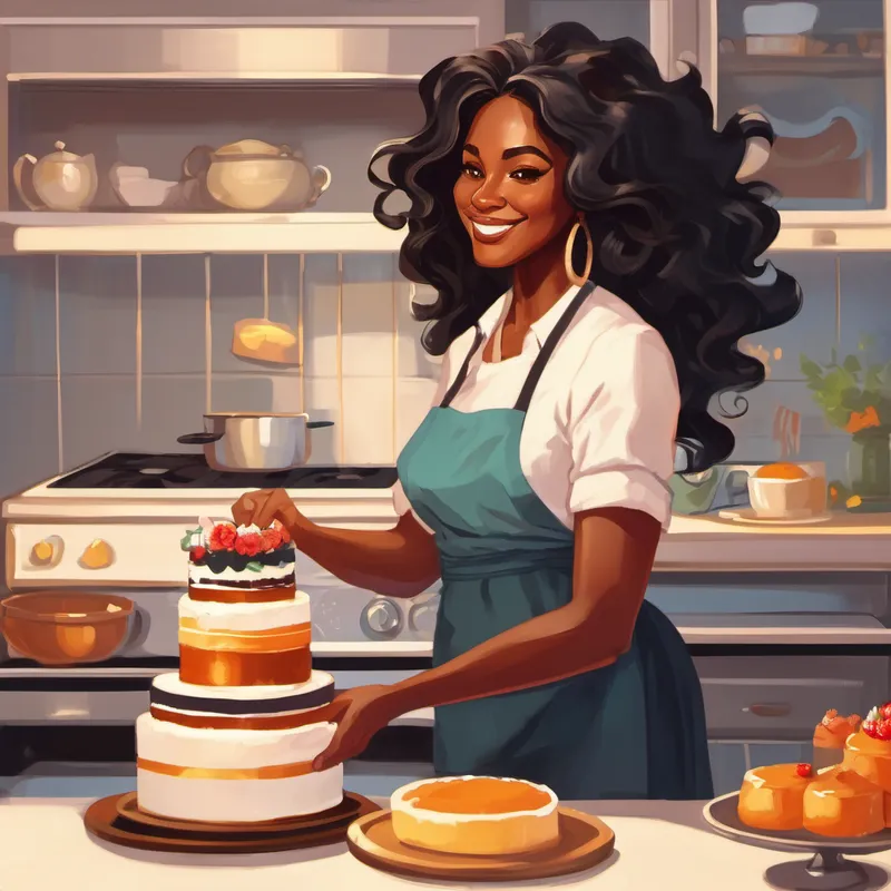Beautiful black mom with long, flowing hair. putting cake in the oven