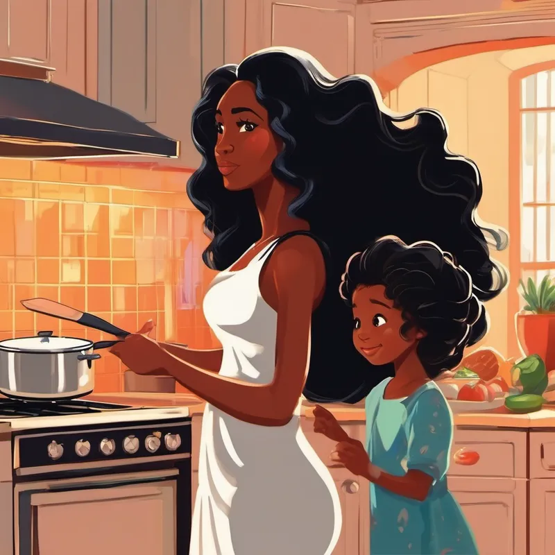 Beautiful black mom with long, flowing hair. and girl watching the oven