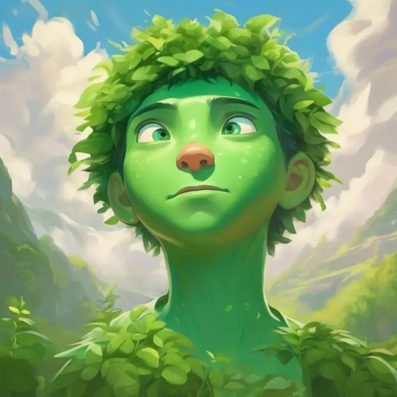 Large, green skin, gentle eyes, round nose falling sick.