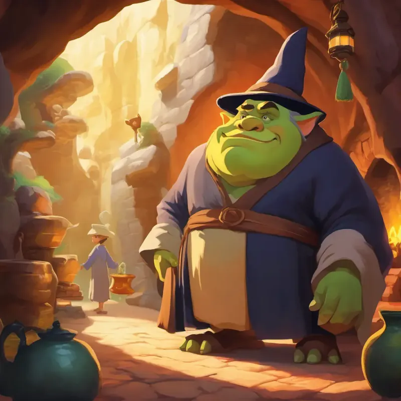 Old, kind eyes, long robes, pointy hat giving potion to the ogre.