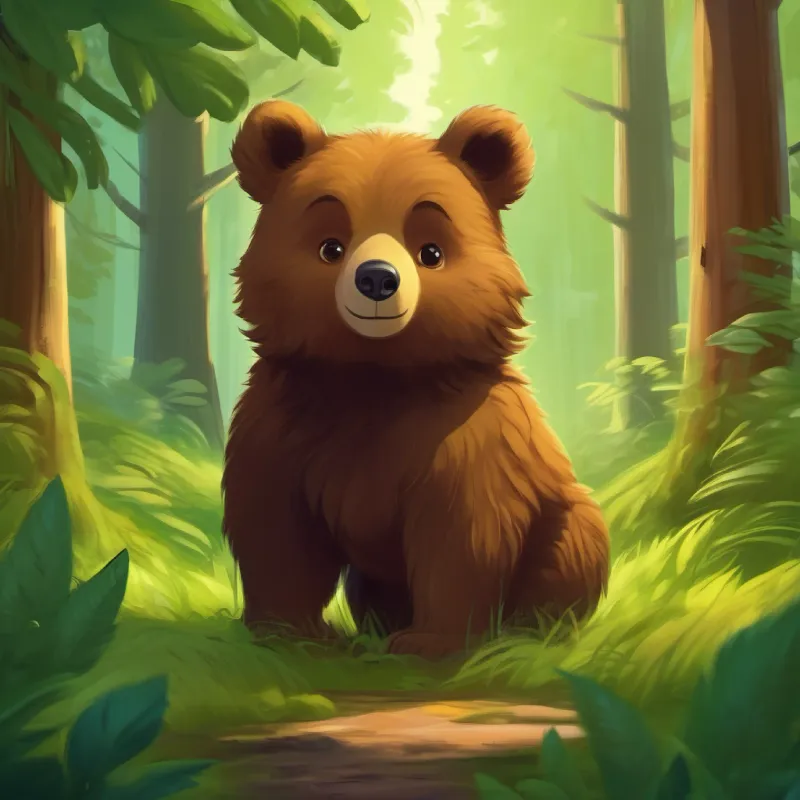 Introduction to Curious little bear, brown fur, friendly eyes, a lush green forest setting