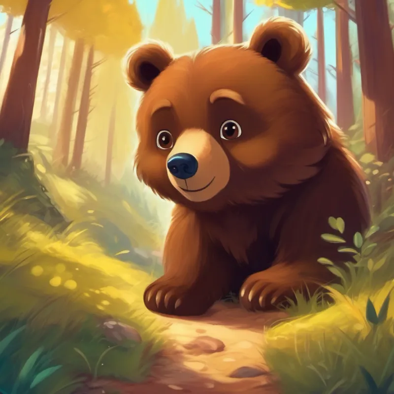 Curious little bear, brown fur, friendly eyes finds a colorful trail