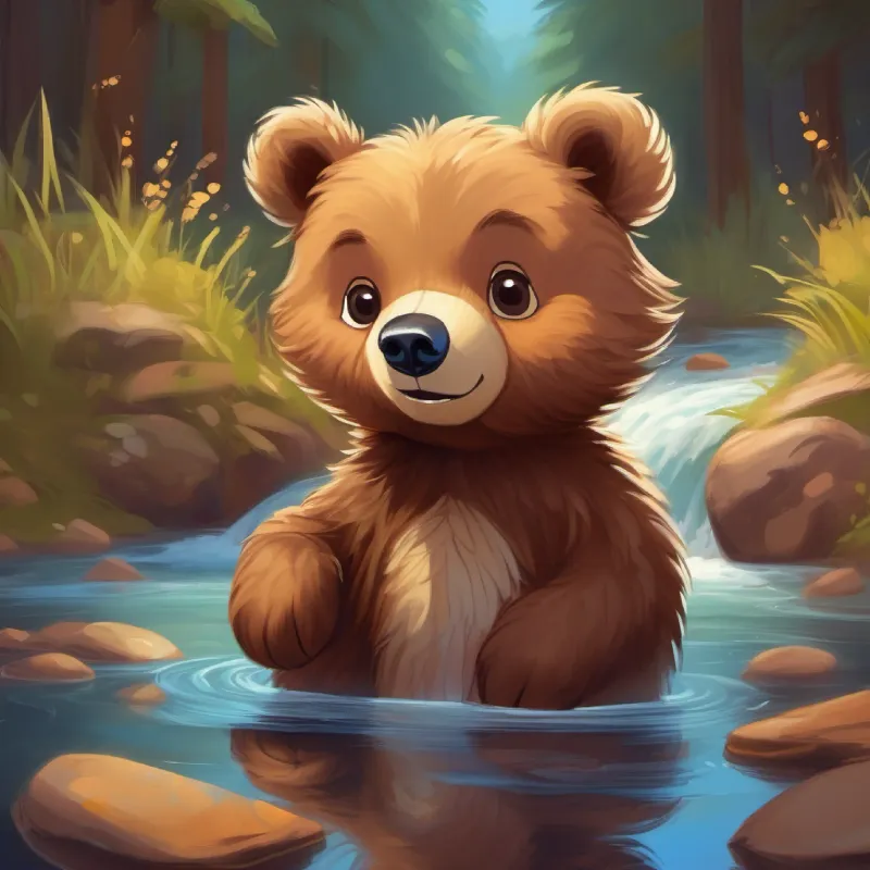 Curious little bear, brown fur, friendly eyes crosses a giggly stream