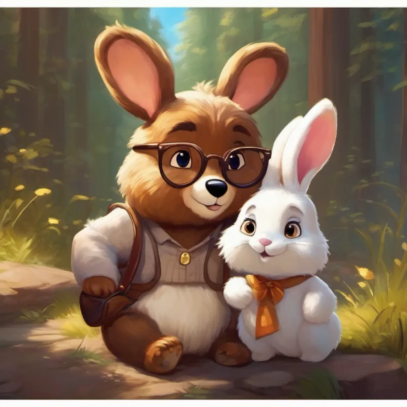 Curious little bear, brown fur, friendly eyes meets White rabbit, big ears, wears glasses the rabbit