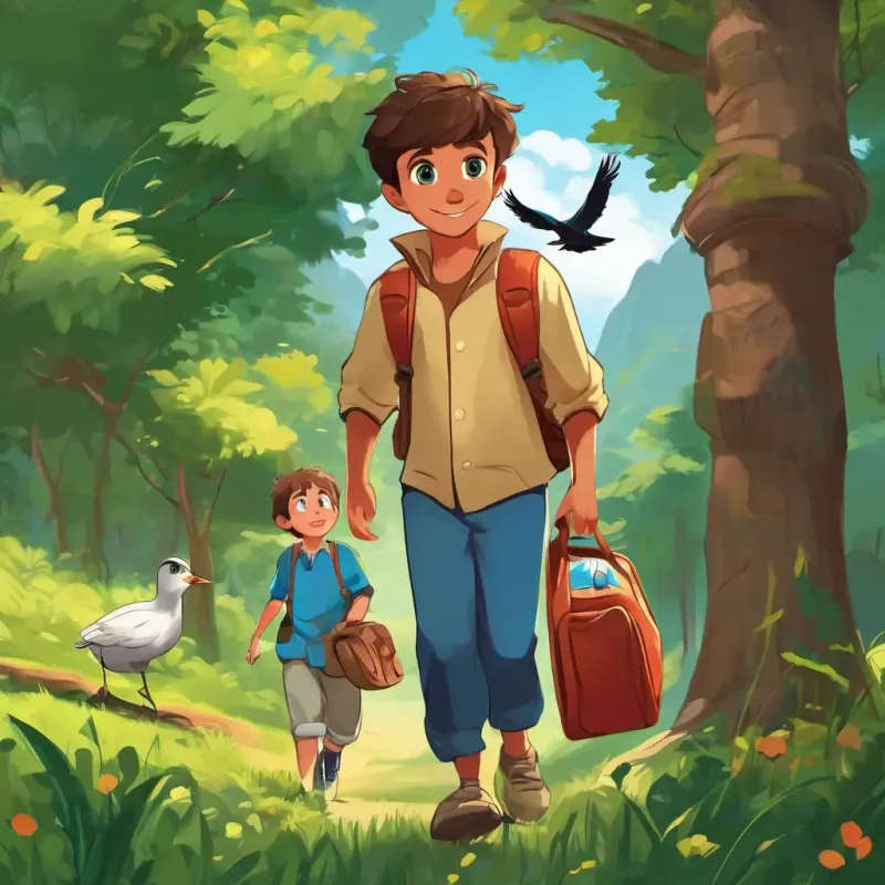 Andrew is a young boy with fair skin and blue eyes, always curious and eager for new adventures and Chris is a young boy with dark skin and brown eyes, always supportive and ready to join Andrew is a young boy with fair skin and blue eyes, always curious and eager for new adventures on his adventures are standing in a green park with trees and birds chirping happily.