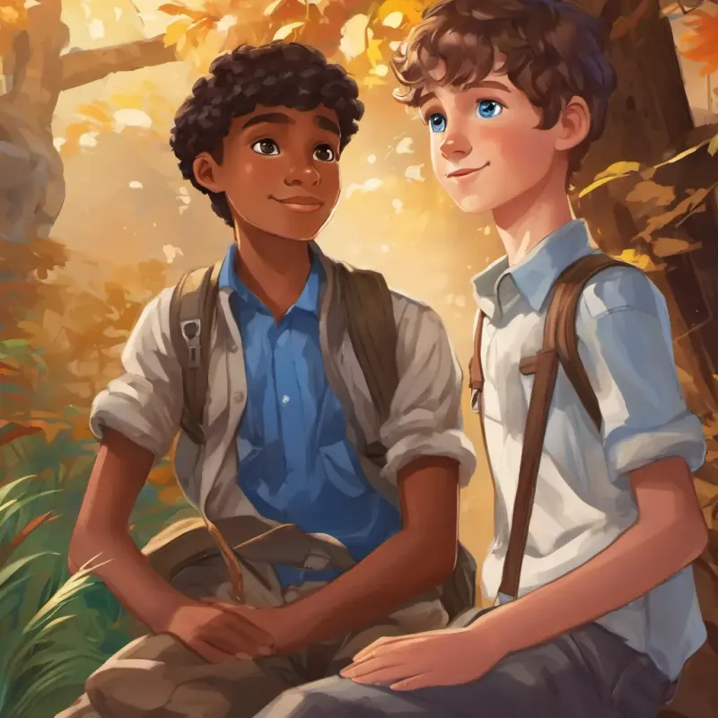 Andrew is a young boy with fair skin and blue eyes, always curious and eager for new adventures and Chris is a young boy with dark skin and brown eyes, always supportive and ready to join Andrew is a young boy with fair skin and blue eyes, always curious and eager for new adventures on his adventures are in Andrew is a young boy with fair skin and blue eyes, always curious and eager for new adventures's room. Andrew is a young boy with fair skin and blue eyes, always curious and eager for new adventures is holding the mini tripod while Chris is a young boy with dark skin and brown eyes, always supportive and ready to join Andrew is a young boy with fair skin and blue eyes, always curious and eager for new adventures on his adventures is looking at it with interest.