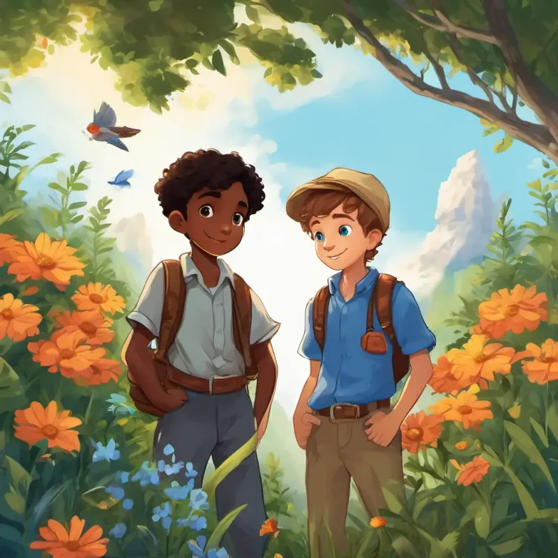 Andrew is a young boy with fair skin and blue eyes, always curious and eager for new adventures and Chris is a young boy with dark skin and brown eyes, always supportive and ready to join Andrew is a young boy with fair skin and blue eyes, always curious and eager for new adventures on his adventures are in a flower garden. The mini tripod is set up, and Andrew is a young boy with fair skin and blue eyes, always curious and eager for new adventures's camera is mounted on it.