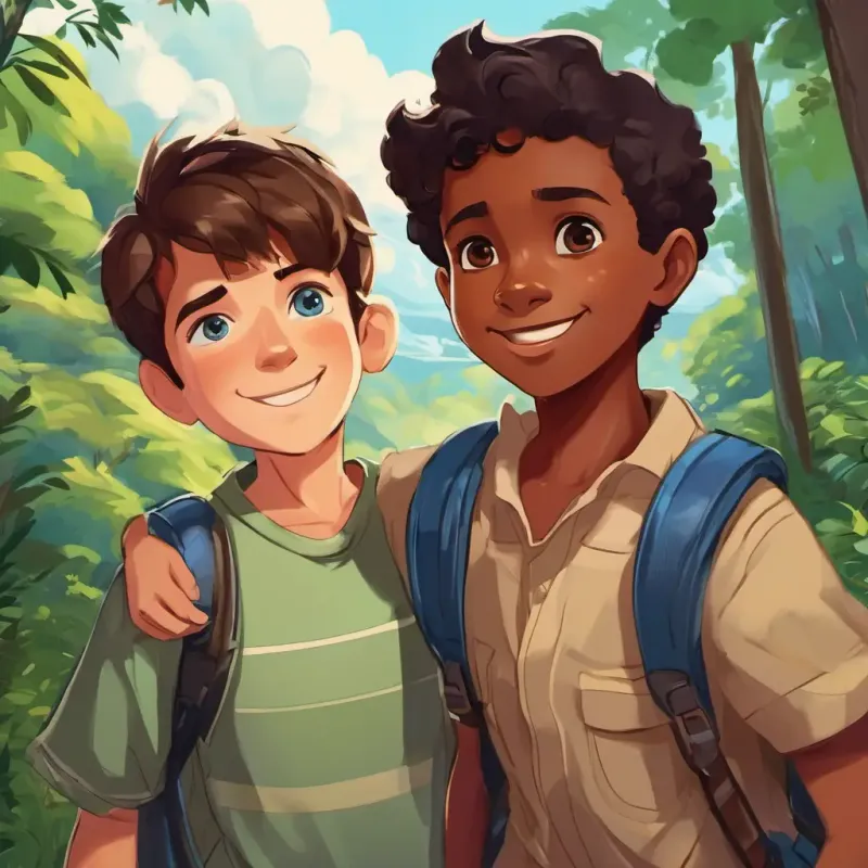 Andrew is a young boy with fair skin and blue eyes, always curious and eager for new adventures and Chris is a young boy with dark skin and brown eyes, always supportive and ready to join Andrew is a young boy with fair skin and blue eyes, always curious and eager for new adventures on his adventures are taking pictures of each other. They are both happy and excited, with big smiles on their faces.