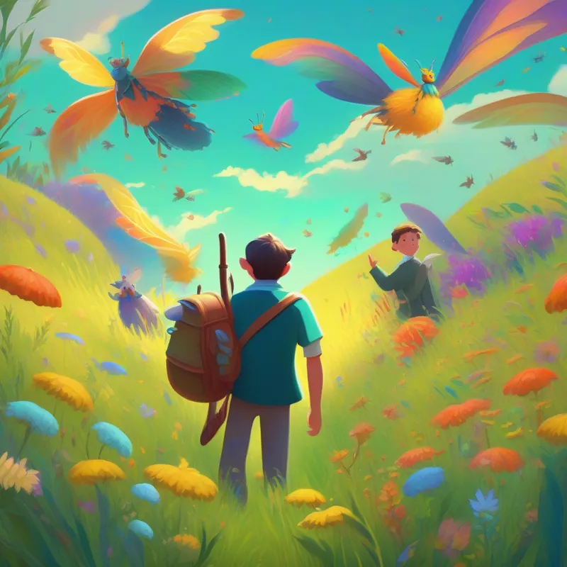 Buzzing creatures with colorful wings and friendly voices seek help from Kind and noble man with a calming presence in the meadow