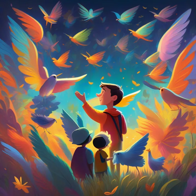 Buzzing creatures with colorful wings and friendly voices rejoice as Kind and noble man with a calming presence's dua brings them joy