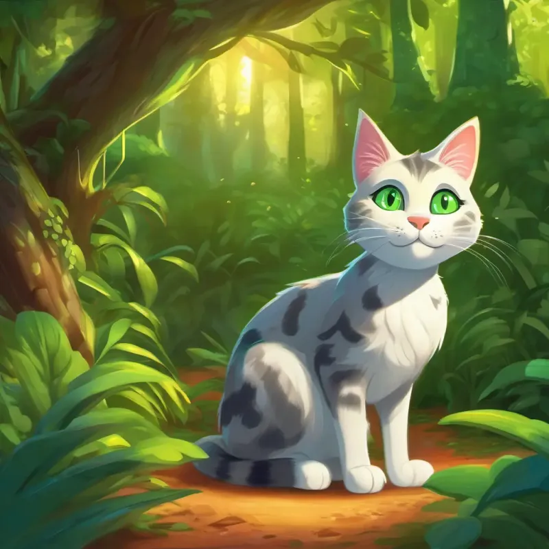 Introduction of the clever cat A clever cat with green eyes and a mischievous smile living in a magical forest.