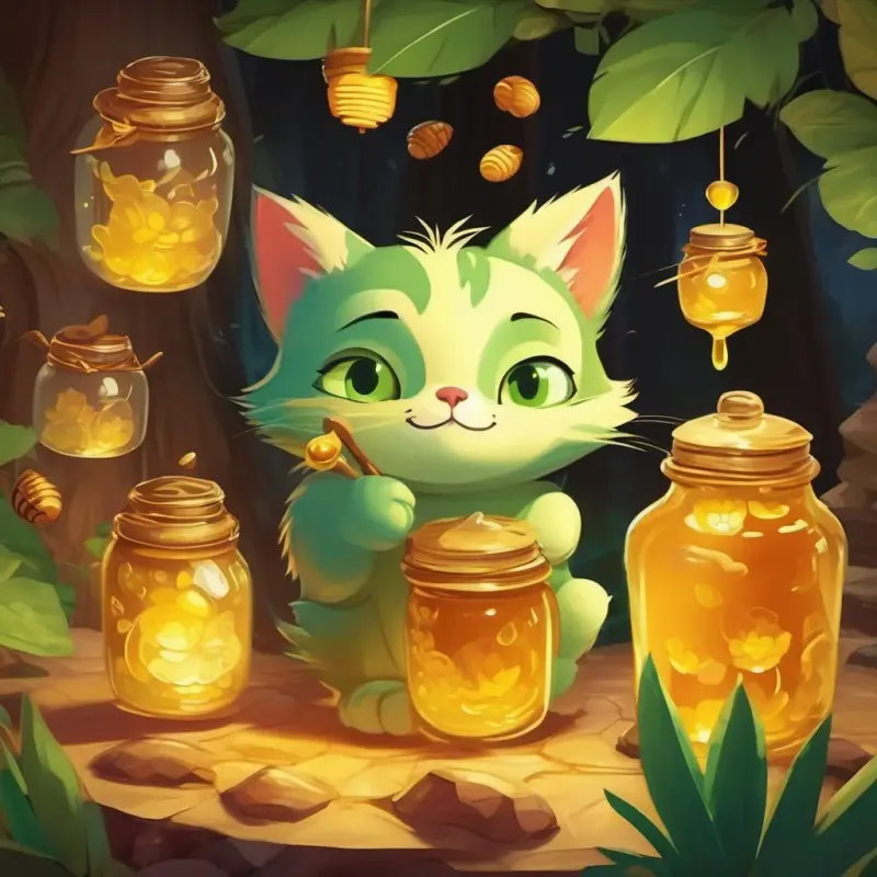 The animals gather around A clever cat with green eyes and a mischievous smile with a big problem - disappearing honey jars.