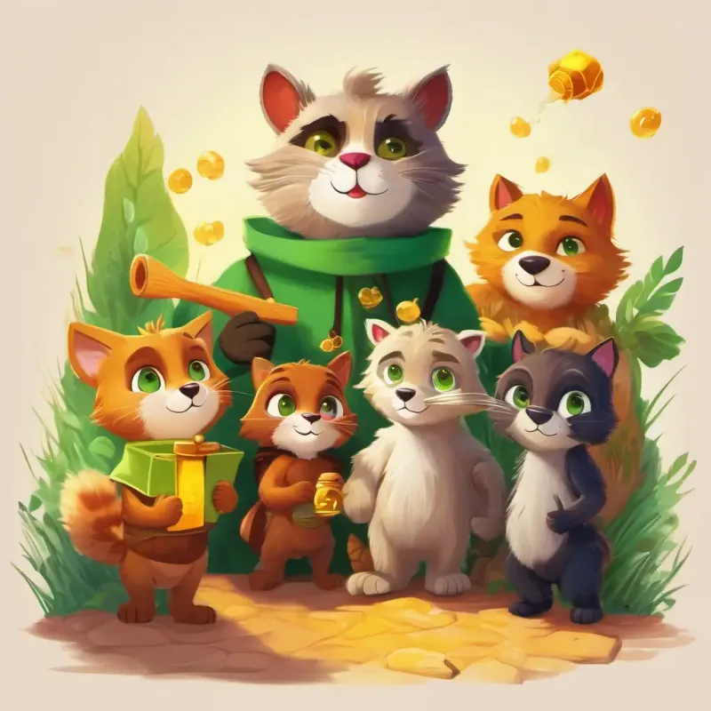A clever cat with green eyes and a mischievous smile and his friends follow clues and find the mischievous honey thief bear.