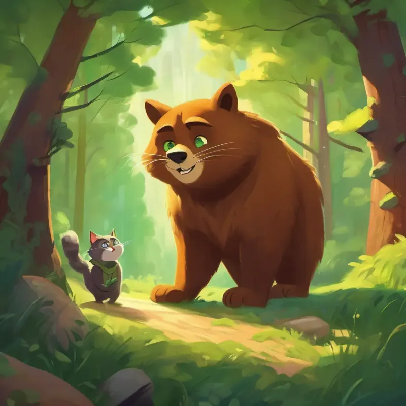A clever cat with green eyes and a mischievous smile bravely approaches the bear and solves the problem with wisdom and kindness.