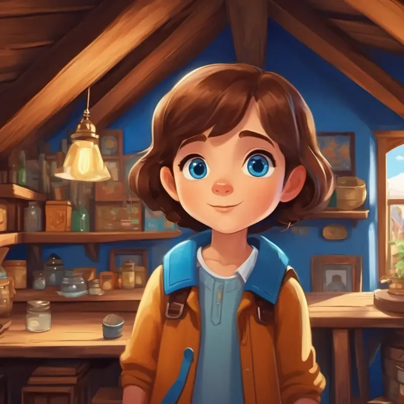 Small town, curious Curious 7-year-old, brown hair, bright blue eyes, old attic