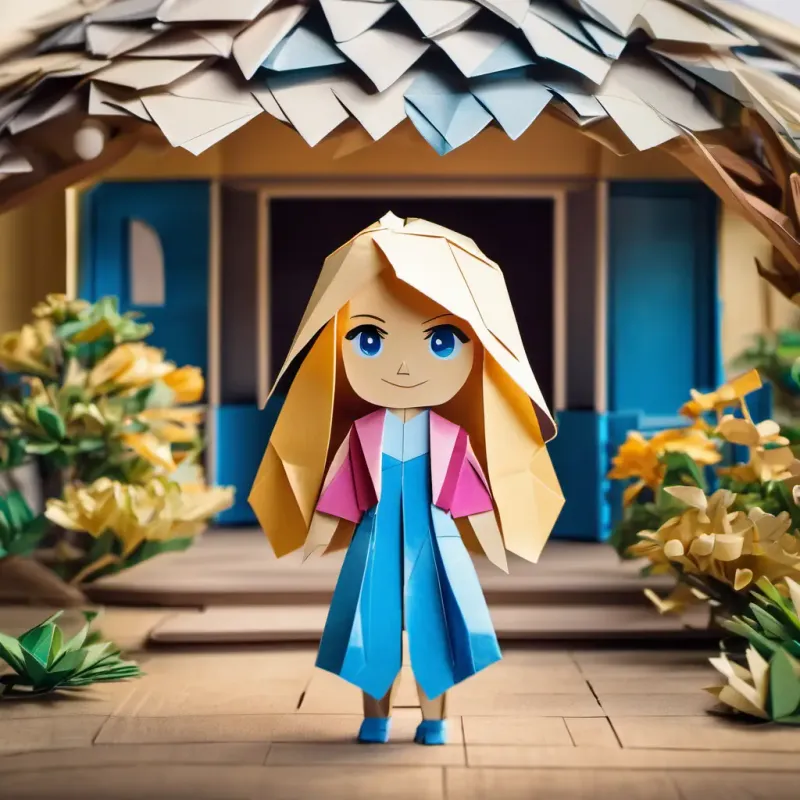 Kind and pretty girl with blonde hair and blue eyes standing in front of her house, smiling
