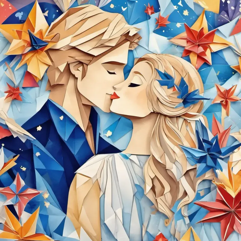 Kind and pretty girl with blonde hair and blue eyes and the prince kissing, surrounded by fireworks
