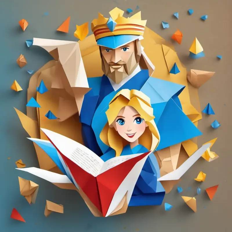 King holding a scroll and announcing the ball, Kind and pretty girl with blonde hair and blue eyes looking excited