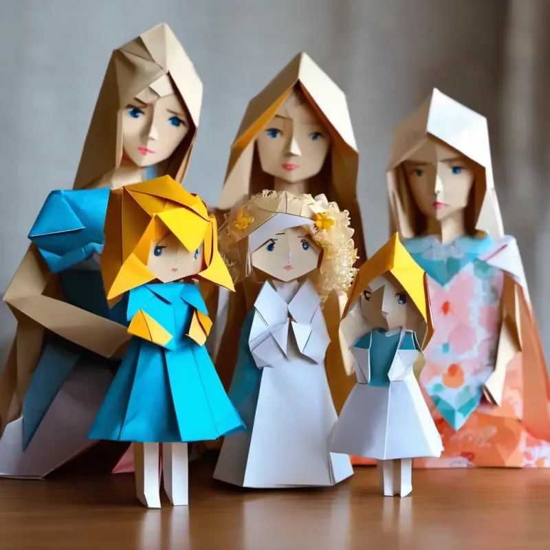 Kind and pretty girl with blonde hair and blue eyes looking sad while her stepmother and stepsisters point at her
