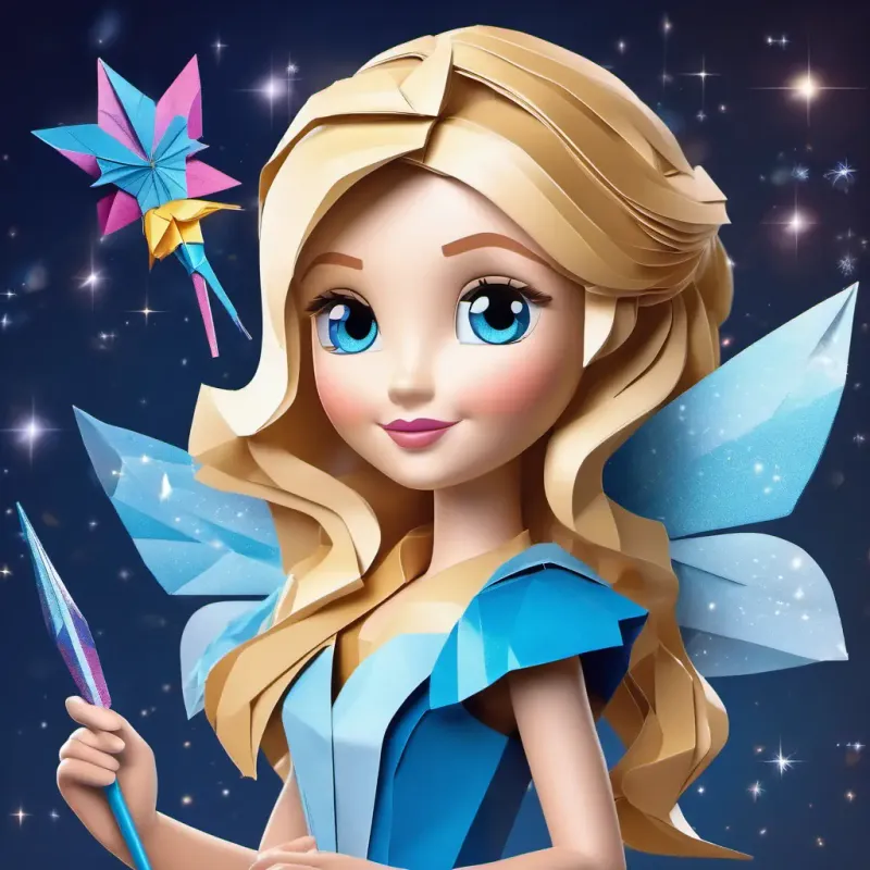 Kind and pretty girl with blonde hair and blue eyes's fairy godmother with sparkles and a magic wand