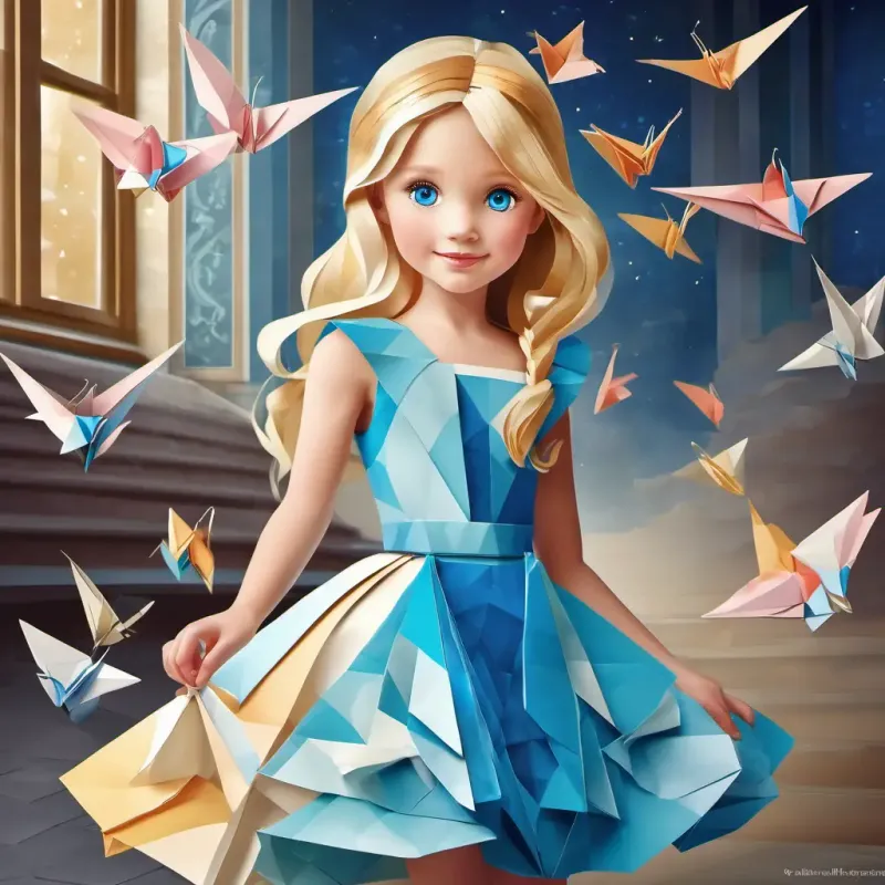 Kind and pretty girl with blonde hair and blue eyes wearing a pretty dress and glass slippers