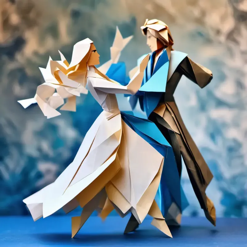 Kind and pretty girl with blonde hair and blue eyes dancing with the prince, both smiling