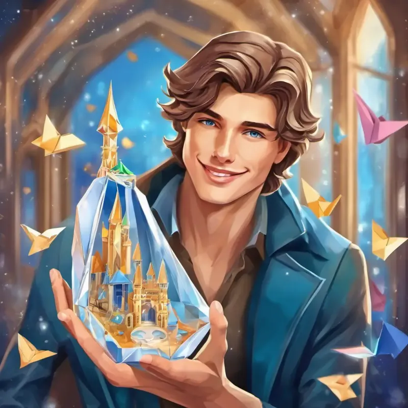 Handsome young man with brown hair and a friendly smile holding the glass slipper, searching for Kind and pretty girl with blonde hair and blue eyes