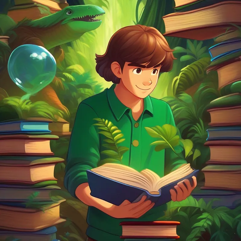 Brown hair, green shirt, adventurous spirit with dinosaur books, dream bubble full of dinosaurs