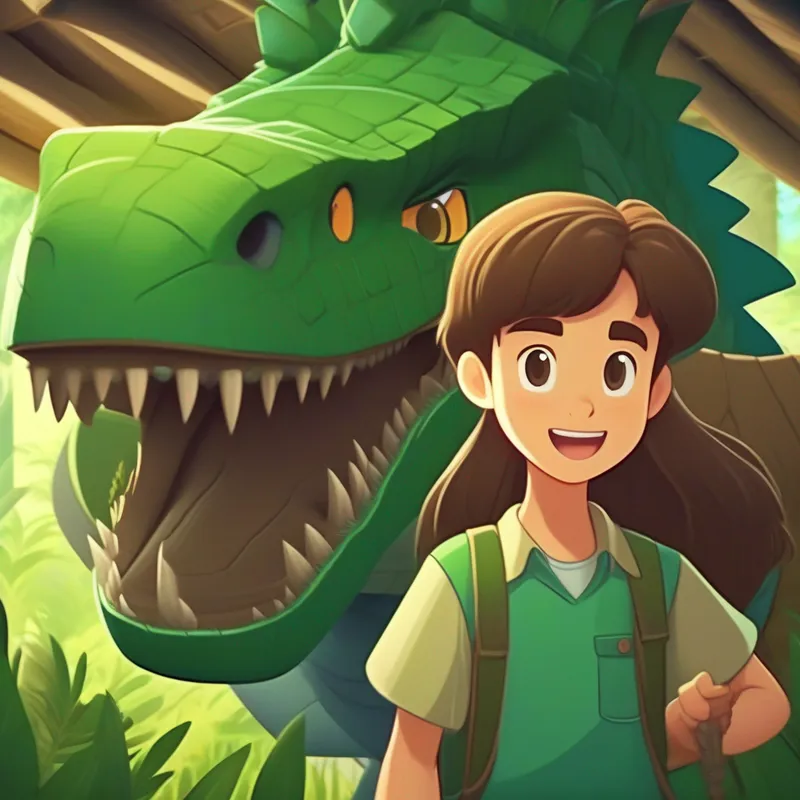 Brown hair, green shirt, adventurous spirit with blueprint, friends helping build fences, animatronic dinosaurs