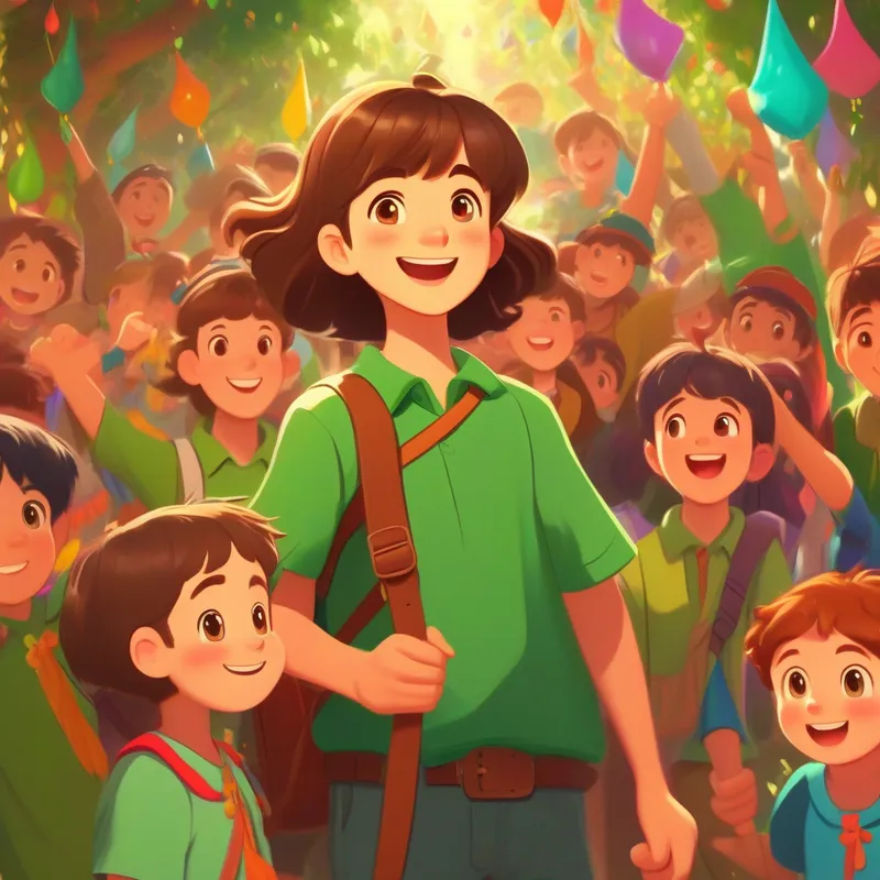 Brown hair, green shirt, adventurous spirit inviting classmates, colorful decorations, excited kids