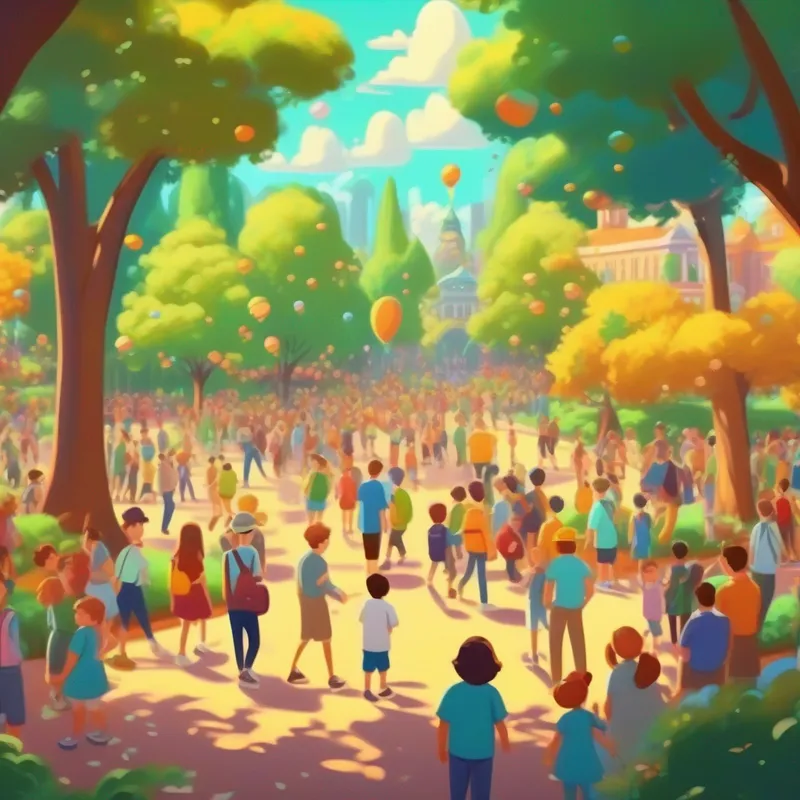 Crowded park with happy visitors, educational programs, attractions