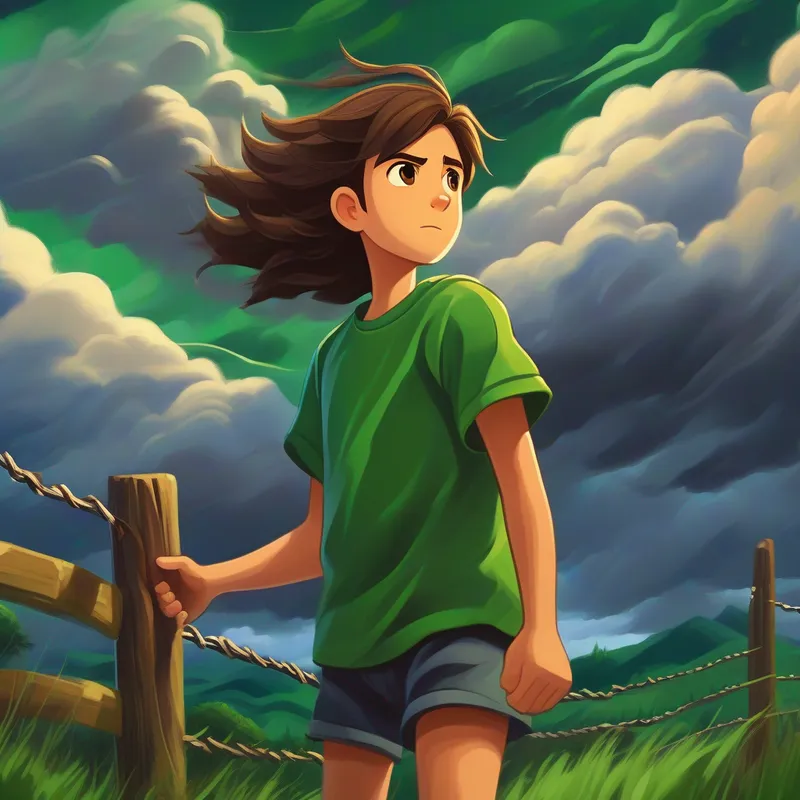 Storm clouds, damaged fences, community helping Brown hair, green shirt, adventurous spirit