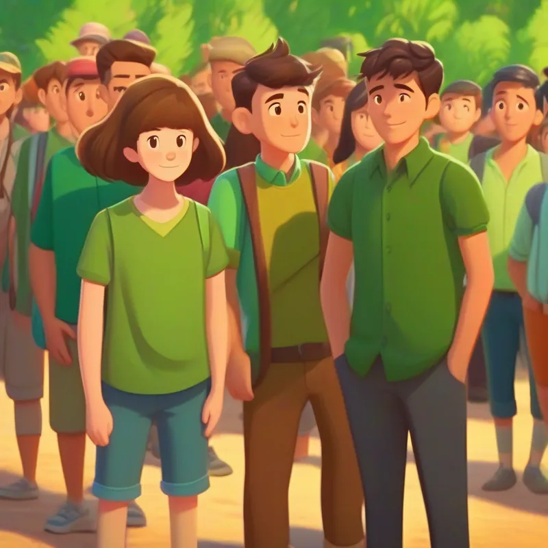 Brown hair, green shirt, adventurous spirit standing proudly, diverse visitors from different countries
