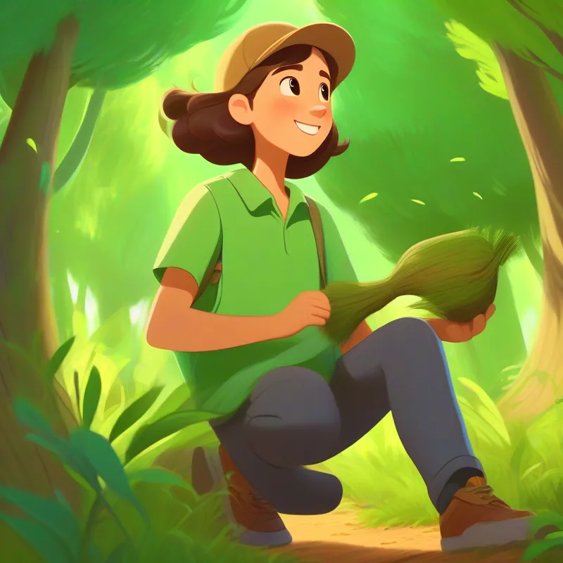 Brown hair, green shirt, adventurous spirit planting trees, releasing an endangered species, happy animals
