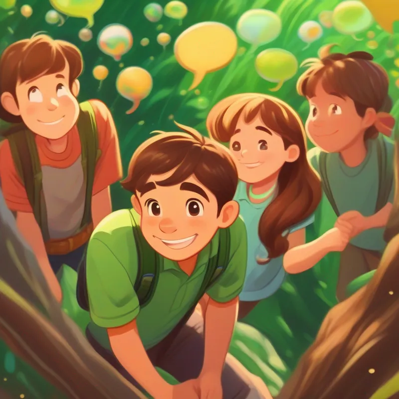 Brown hair, green shirt, adventurous spirit smiling, kids with thought bubbles of their dreams