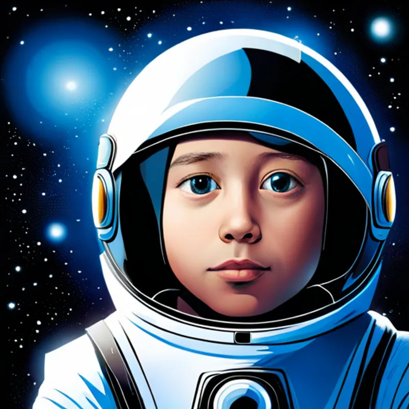 A little boy with a lively expression, wearing a futuristic spacesuit, and a wide-eyed sense of wonder. with a determined face, gazing at the stars with wonder and excitement.
