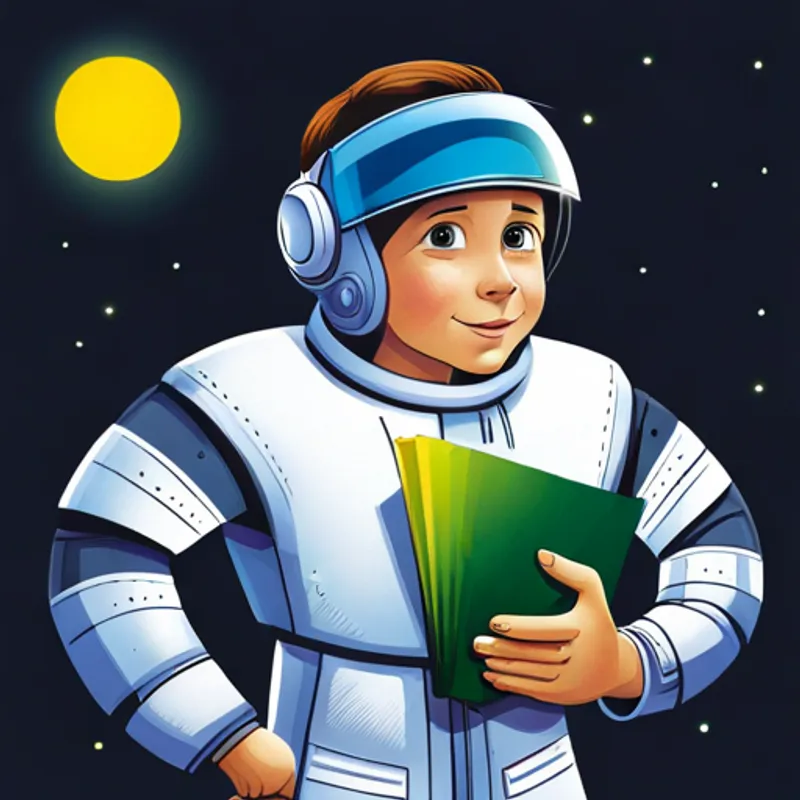 A little boy with a lively expression, wearing a futuristic spacesuit, and a wide-eyed sense of wonder. holding a futuristic holographic invitation, his eyes wide open in surprise.