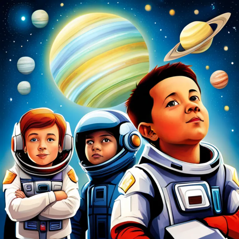 A little boy with a lively expression, wearing a futuristic spacesuit, and a wide-eyed sense of wonder. and his team gazing at a holographic image of the Planet of the Gods, awe-struck by its beauty.