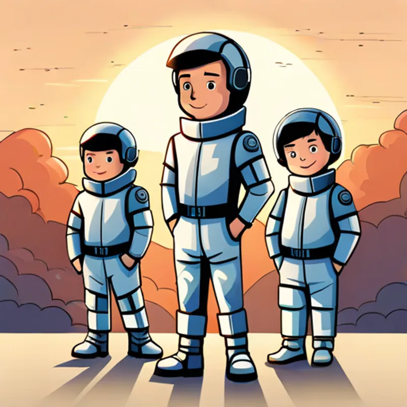 A little boy with a lively expression, wearing a futuristic spacesuit, and a wide-eyed sense of wonder. standing alongside his teammates, showcasing their diverse abilities and gear.